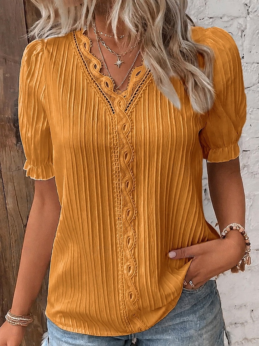 Femmes T-shirt Dentelle Patchwork Uni Mode Élégant Classique Manche Courte Col en V Hauts Réguliers Quotidien Sortir Week-end Noir Blanche Jaune Bleu Ciel Violet Été Printemps de 2026 ? $8.99 –P3