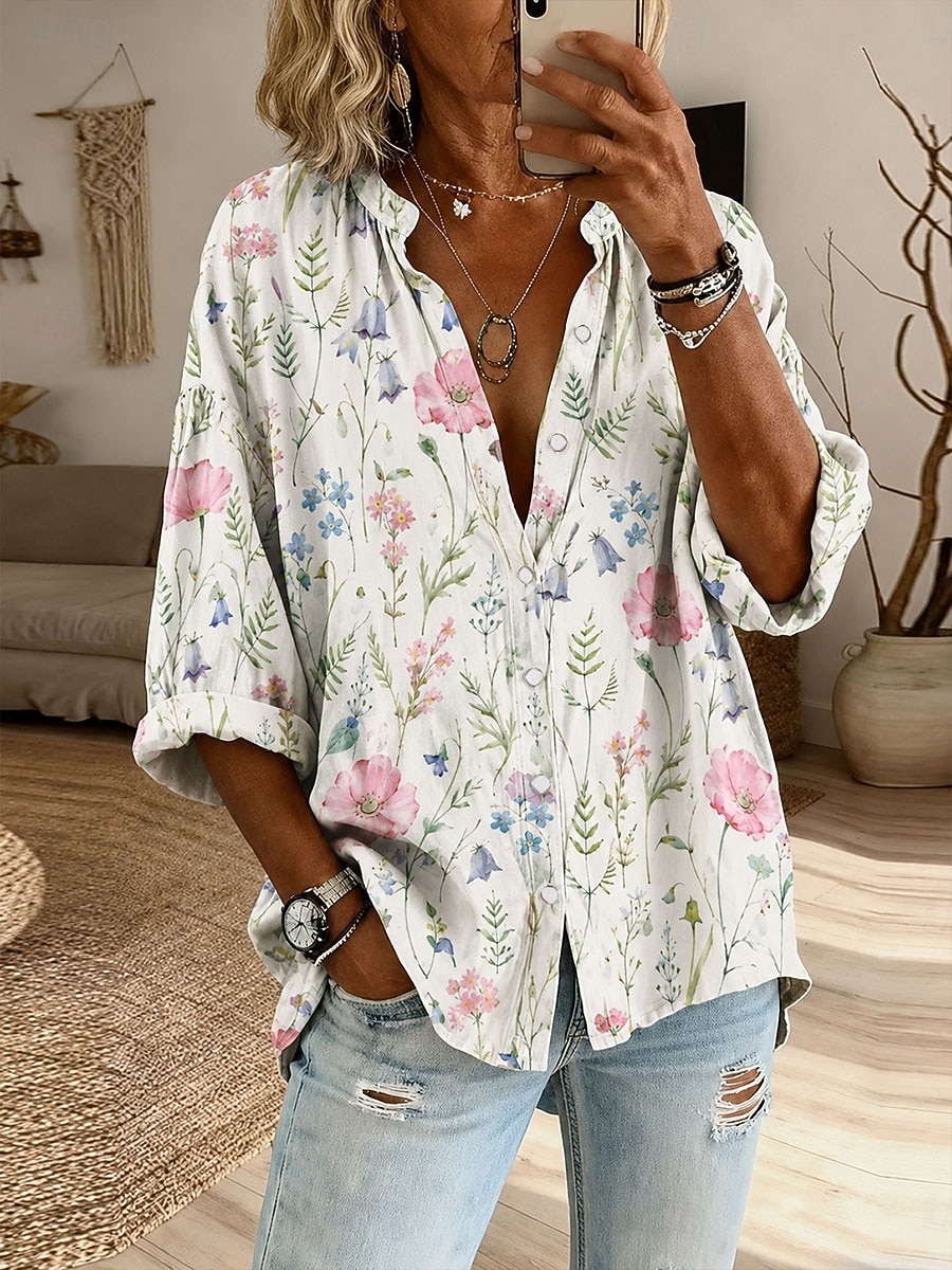 Per donna Camicia Bottoni Stampato Floreale Grafico Vintage Quotidiano Elegante Manica Lunga Girocollo Top Regolari Casuale Quotidiano Blu Bianco Verde Estate Primavera del 2026 a $33.99 –P2