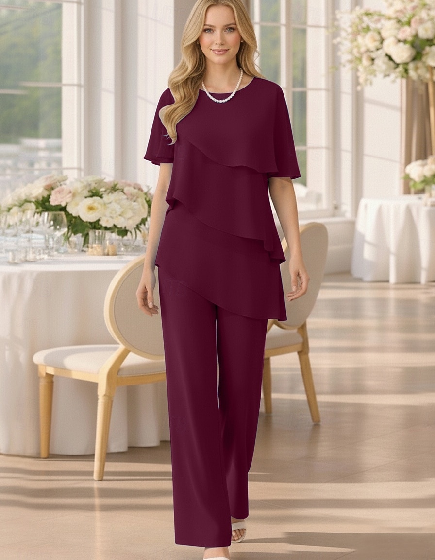 Tweedelig Broek Tot de grond Moeder van de bruid jurk Korte mouw Met sieraad Elegant Grote maten Bruiloft gast Chiffon met Gelaagde ruches 2026 - $160.99 –P14