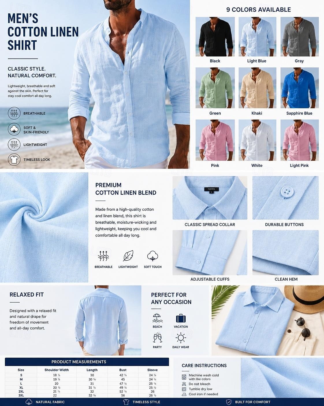 Men's Shirt Linen Shirt Summer Shirt Beach Wear Button Up Shirt Plain Vacation Casual Blue Black White Pink Long Sleeve Turndown Spring & Summer Clothing Apparel 2026 - $26.99 –P1