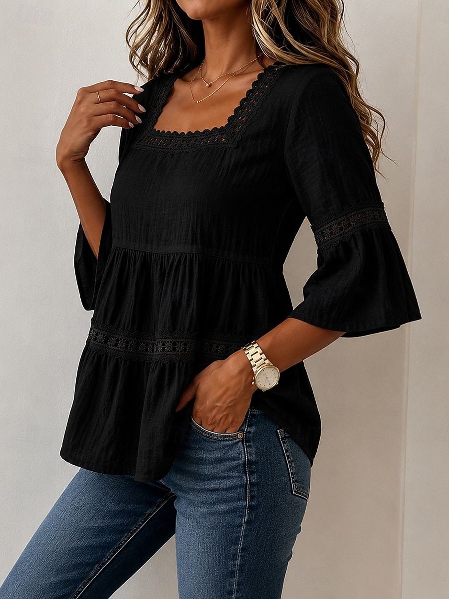 Haut classique en coton et lin pour femme, élégant, à empiècements de dentelle et volants superposés, manches 3/4, col carré, coupe droite, idéal pour un look décontracté au quotidien. Disponible en de 2026 ? $13.99 –P3