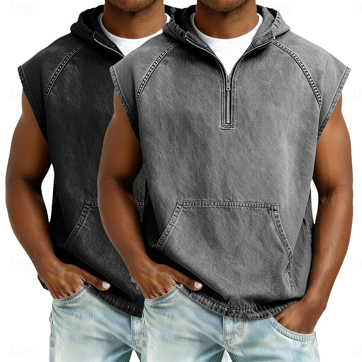 softfade™ canotta da uomo 2 pezzi top gilet top in denim camicia lavaggio acido senza maniche cappuccio zip estate primavera semplice capo basic tinto cappuccio casual vacanza strada nero kaki top del 2026 a $62.99 –P13