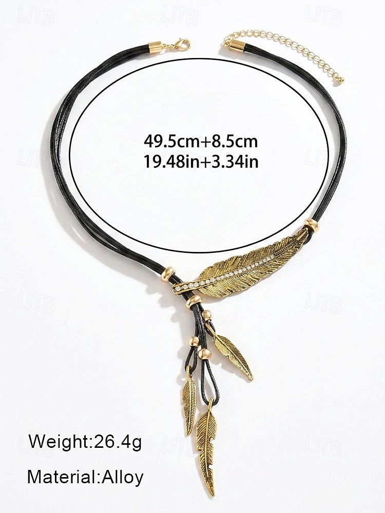 Women's Boho Feather Pendant Necklace, Crystal-Embellished Alloy & Leather Cord Choker, Gold/Silver Bohemian Jewelry for Beach Vacation & Daily Casual Wear 2026 - $9.99 –P9