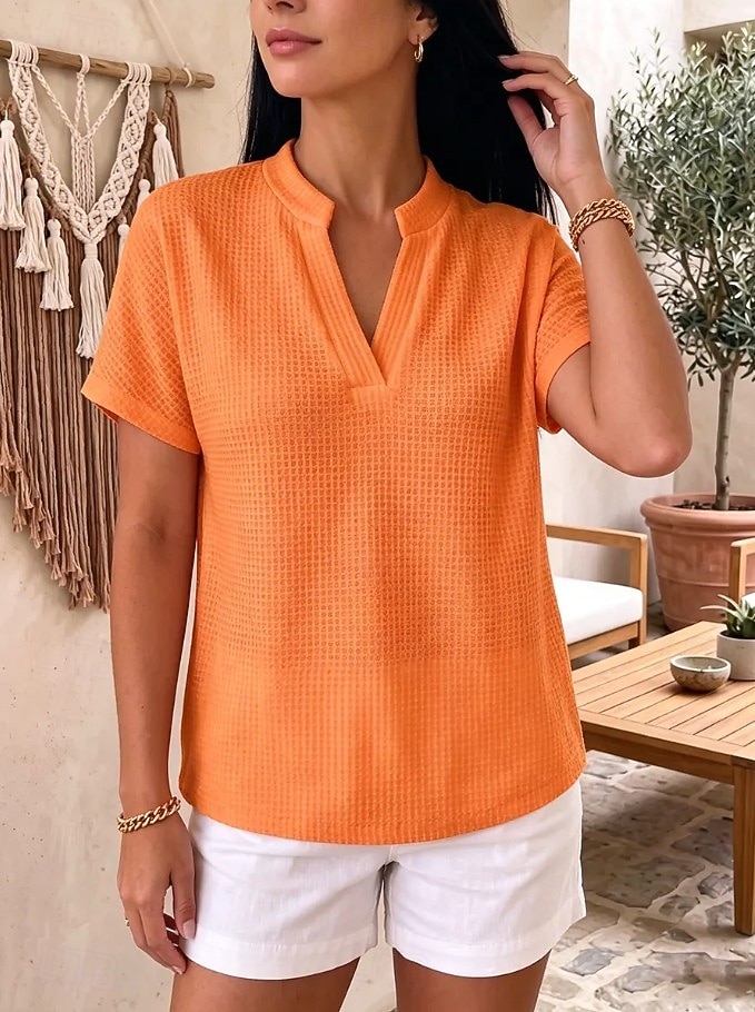 Dam Våffelskjorta Ensfärgat Elegant Aktiv Semester Ärmlös Halvlång ärm V-hals Vanliga toppar Ledigt Dagligen Utomhus Blå Vit Orange Sommar Vår Höst 2026 - $28.99 –P6