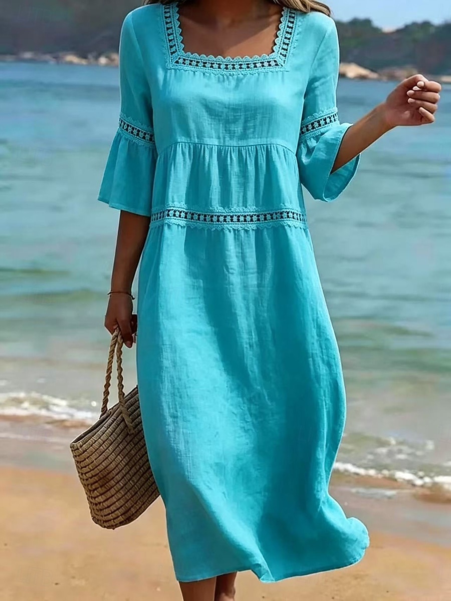 Women's Midi Dress Shift Dress Casual Beach Holiday Loose Fit Plain 3/4 Length Sleeve V Neck Blue Wedgewood White Yellow Summer Spring 2026 - $35.99 –P2