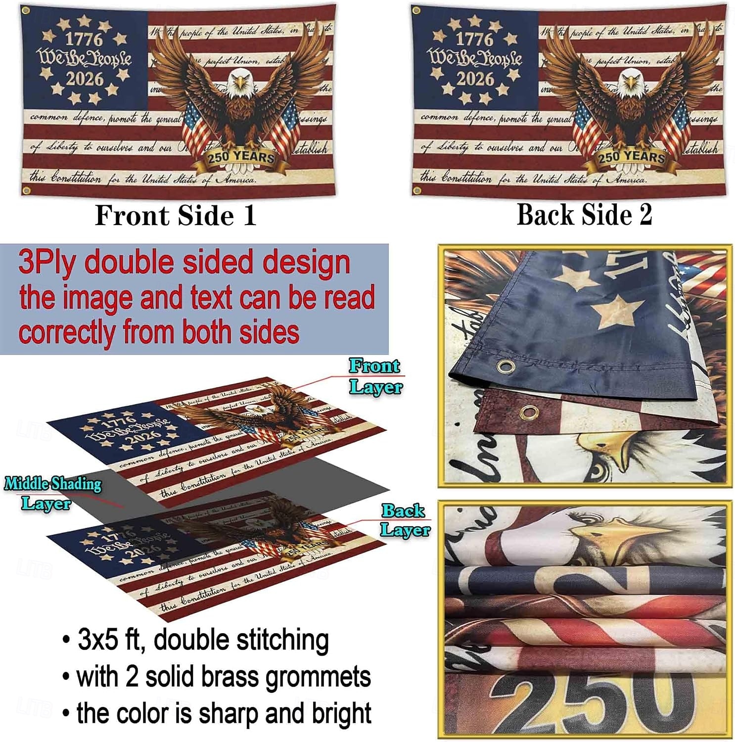 Bandera del 250 aniversario de EE. UU., artículos de merchandising, decoraciones, bandera de EE. UU., patriótica, Betsy Ross, 4 de julio, nosotros el pueblo, 1776, banderas para exteriores, 3x5, doble cara 2026 - $16.99 –P5