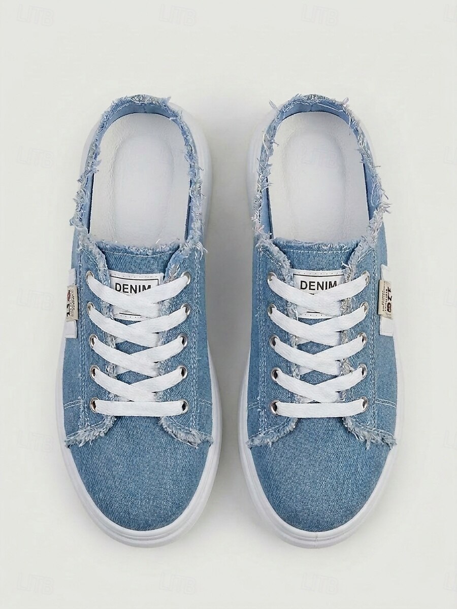 Mules compensées en denim bleu pour femme - chaussures à lacets à bords effilochés et semelle blanche, confortables et décontractées, idéales pour les voyages d'été et la marche. &vêtements de tous de 2026 ? $32.99 –P4