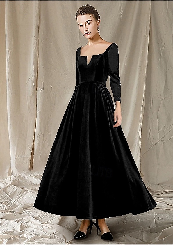 Ligne A Longueur cheville Robe de Soirée Robe de Cocktail Robe d'invité de mariage Robe de Mère de Mariée  manche longue Col en V Élégant robe demoiselle d honneur Fête de mariage Velours avec Plis de 2026 ? $160.99 –P5