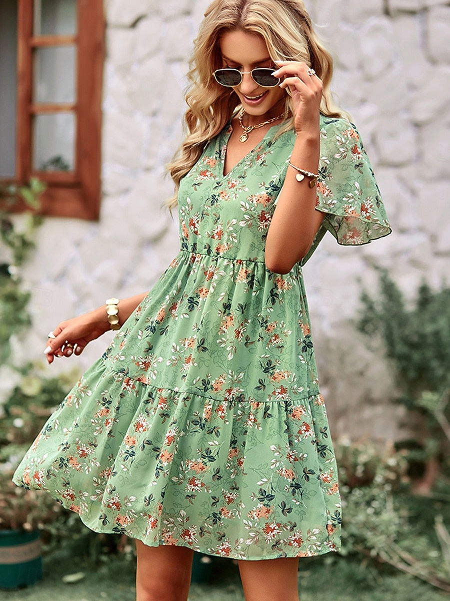 Per donna Abito al ginocchio Abito a Tubino Vacanza Casual Spiaggia Spiaggia Vestibilità regolare Floreale Grafico Manica Corta Scollo a V Blu Bianco Rosa Verde Estate Primavera del 2026 a $31.99 –P3
