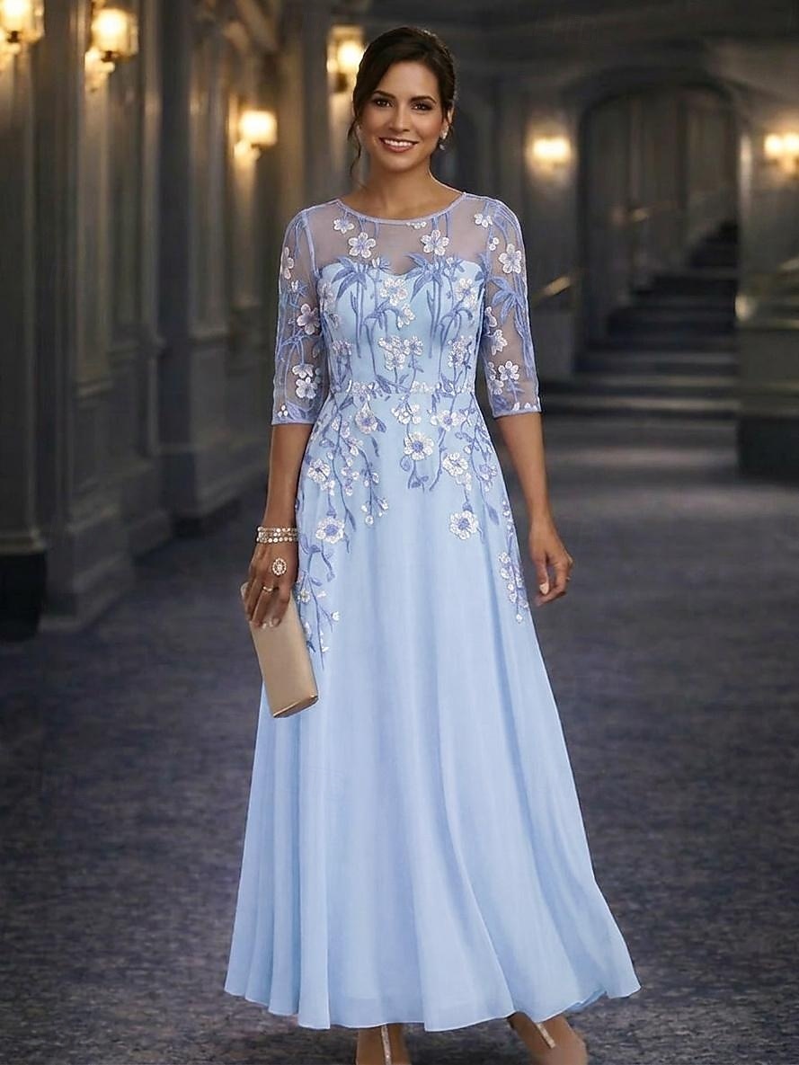 A-Linie Bodenlang Spitzenkleid Brautmutterkleid Langarm Dreiviertelarm Rundhalsausschnitt Elegant Vintage Formell Hochzeitsgast Hochzeitsfeier Chiffon Spitze mit Stickerei Applikationen Blume 2026 - $137.99 –P1
