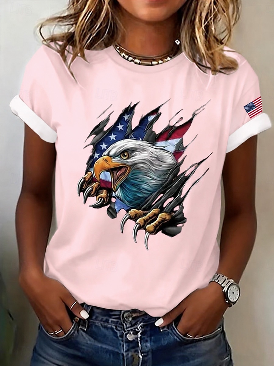 American Independence Day Women's T Shirt Print Graphic National Flag Vintage Stylish Classic Short Sleeve Crew Neck Regular Tops Casual Daily Weekend Blue Black White Pink Red Summer Spring 2026 - $21.99 –P8