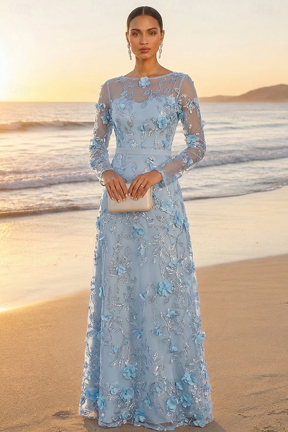 A-Line Floor Length Mother of the Bride Dress Long Sleeve Boat Neck Elegant Vintage Luxurious Formal Wedding Guest Wedding Party Lace Tulle with 3D Flowers Embroidery Appliques 2026 - $182.99 –P5