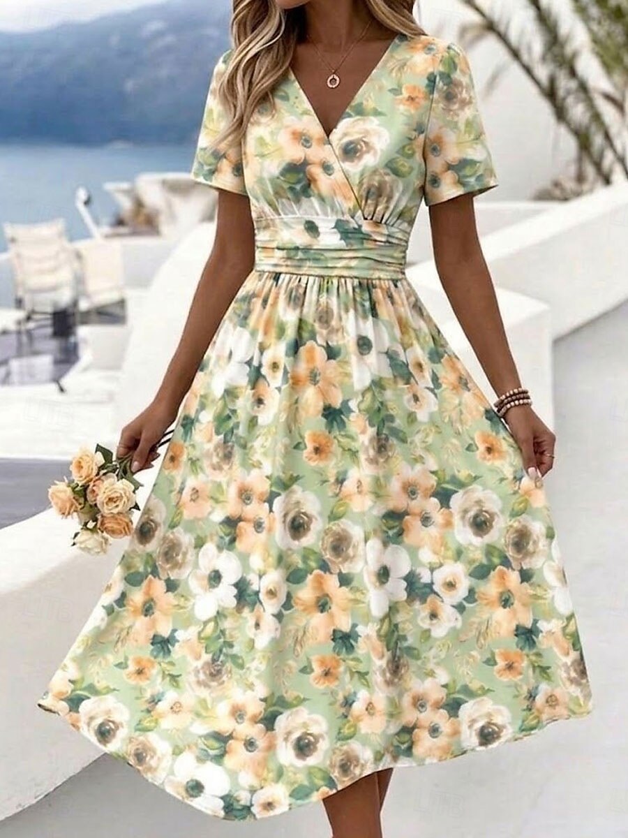 Women's Midi Dress A Line Dress Vacation Casual Boho Regular Fit Floral Graphic Short Sleeve V Neck Green Summer Spring 2026 - $37.99 –P4