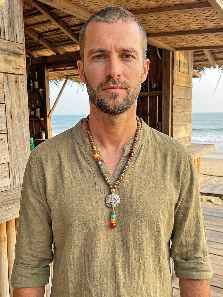 Collier pour homme en perles de bois naturel avec pendentif totem tibétain, bijou long à chaîne de style bohème ethnique, idéal pour la méditation, le yoga, les rassemblements spirituels et les tenues de 2026 ? $9.99 –P1