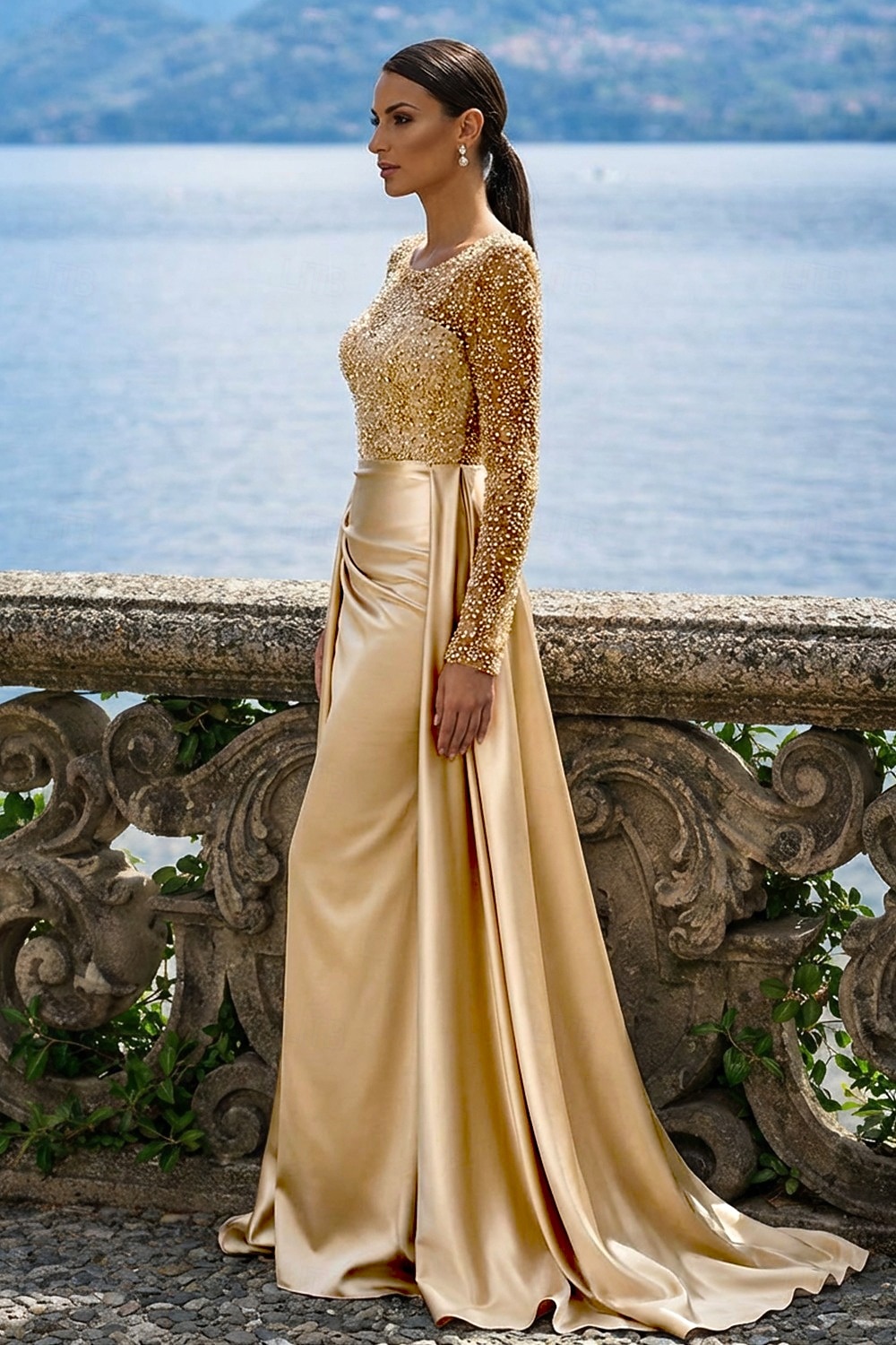 Sirena Tromba Lunghezza al pavimento Abito da Sera Elegante Brillare & Splendere Manica Lunga Scollo Illusione Carnevale Mascherata Abito Champagne per la Madre della Sposa Raso Con Paillettes con del 2026 a $183.99 –P3