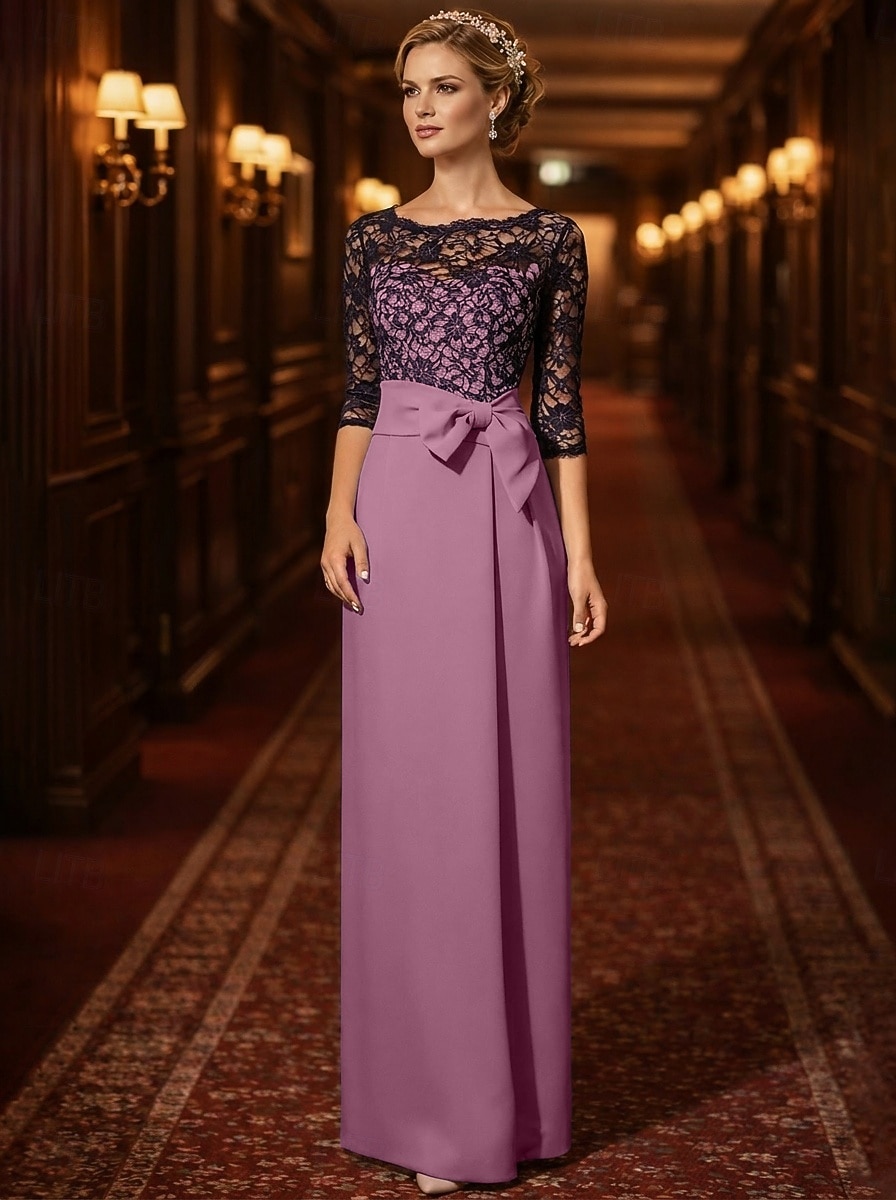 Sheath Column Floor Length Wedding Guest Dress Formal Dresses Evening Gown Mother of the Bride Dress 3/4 Length Sleeve Jewel Neck Elegant Wedding Guest Satin Lace with Bow(s) 2026 - $206.99 –P6