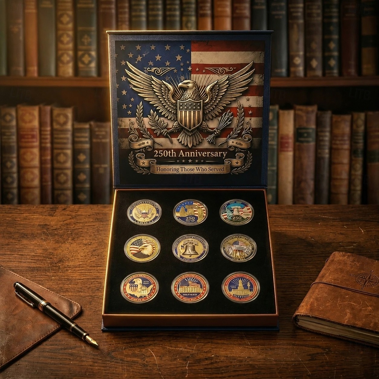 9 db-os amerikai 250. évfordulós emlékérme ajándékkészlet, hazafias katonai kihívás érmegyűjtemény, díszdobozban, amerikai 1776-2026 emléktárgy ajándék a függetlenség napjára 2026 - $49.99 –P1