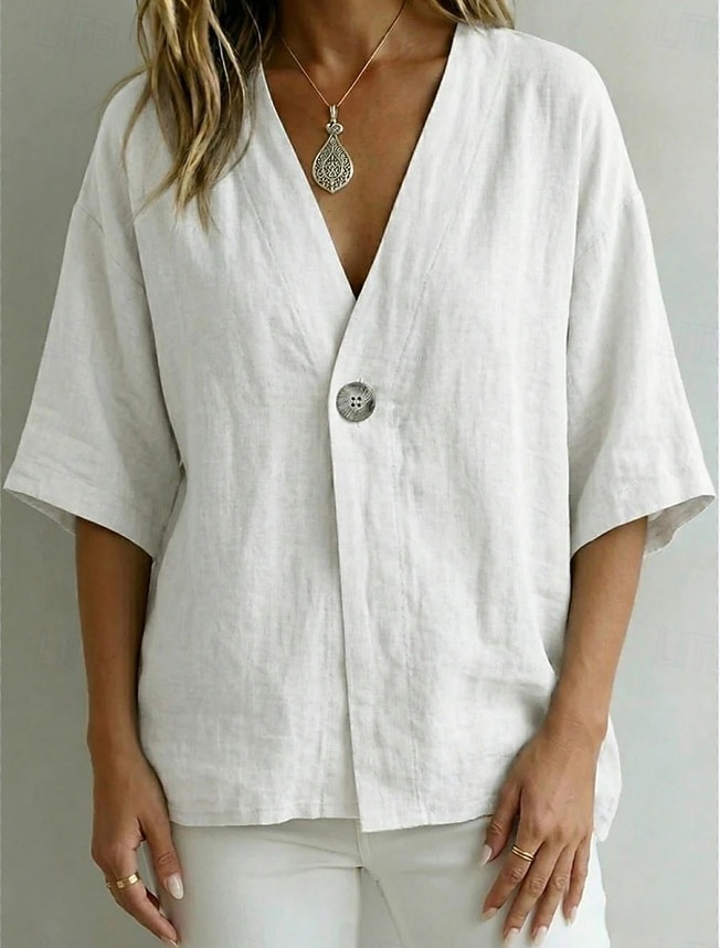 Women's Shirt Blouse Plain Bohemia Half Sleeve V Neck Regular Tops Blue White Pink Brown Green Summer Spring 2026 - $27.99 –P2