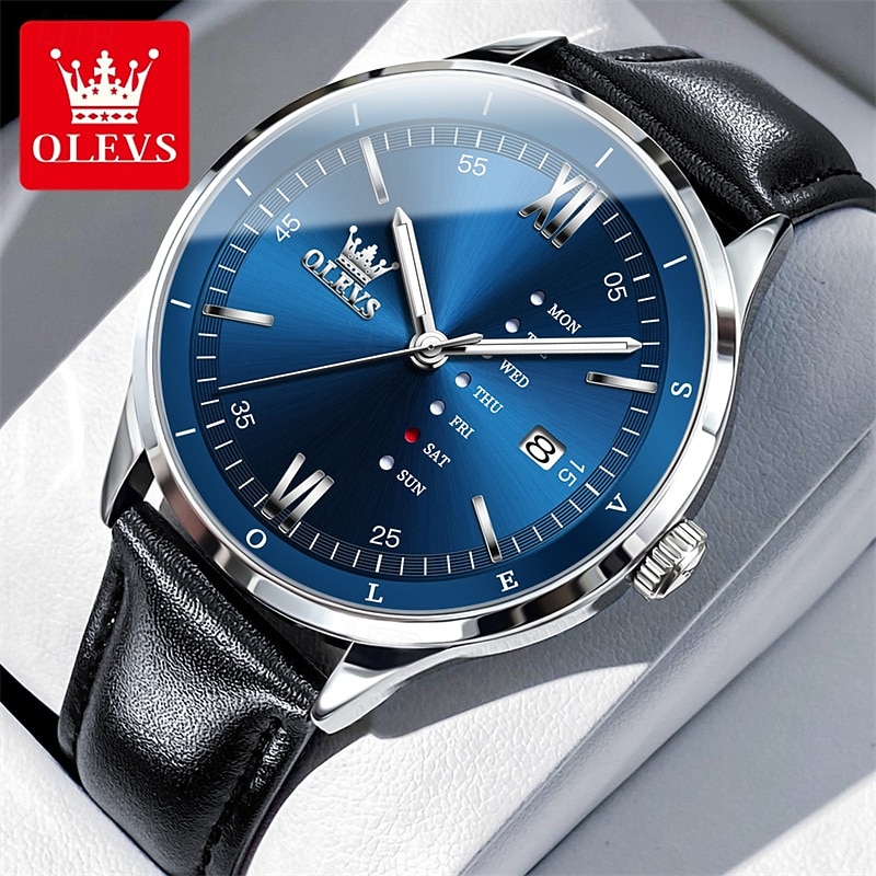 OLEVS Men's Luxury Watch Business Fashion Quartz Wristwatch Waterproof Leather Strap Blue Sunray Dial with Unique Day Date Display Luminous Hands Roman Numerals Dress Watch for Male Gift 2026 - $31.99 –P3