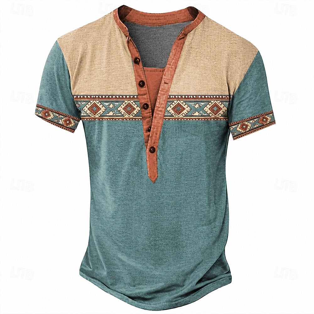 Pánské Geometrický Americká americká vlajka Geleneksel Tričko Tričko Henley Trička Krátký rukáv Designové Základní Cikánské Ležérní Denní Venkovní Léto Jaro Jezerní modrá Světle zelená Námořnick 2026 - $16.99 –P3