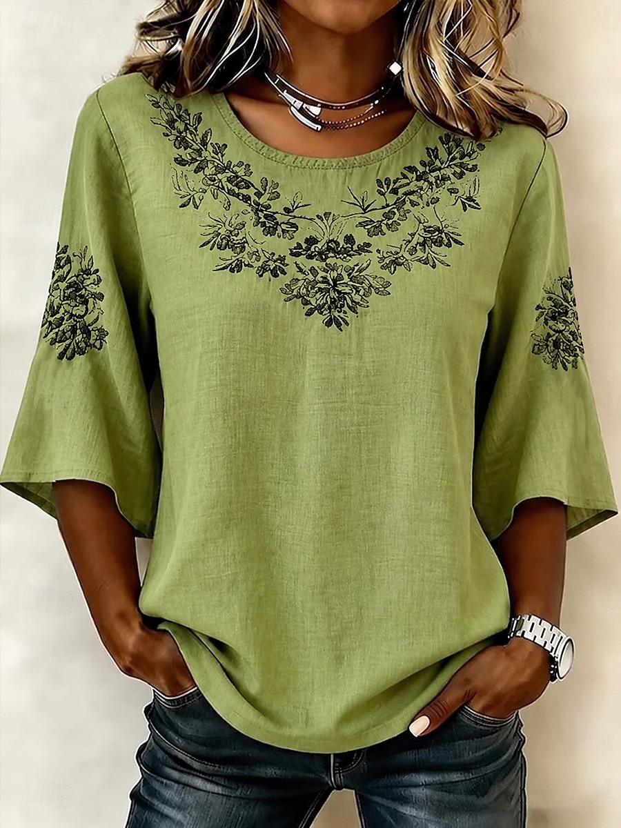Femmes Chemises effet lin Chemisier Imprimé Fleuri Graphique Bohème ancien Tropical Manche 3/4 Col ras du cou Hauts Réguliers Occasionnel Quotidien Vêtements de vacances Vert herbe Rose Claire Violet de 2026 ? $28.99 –P7