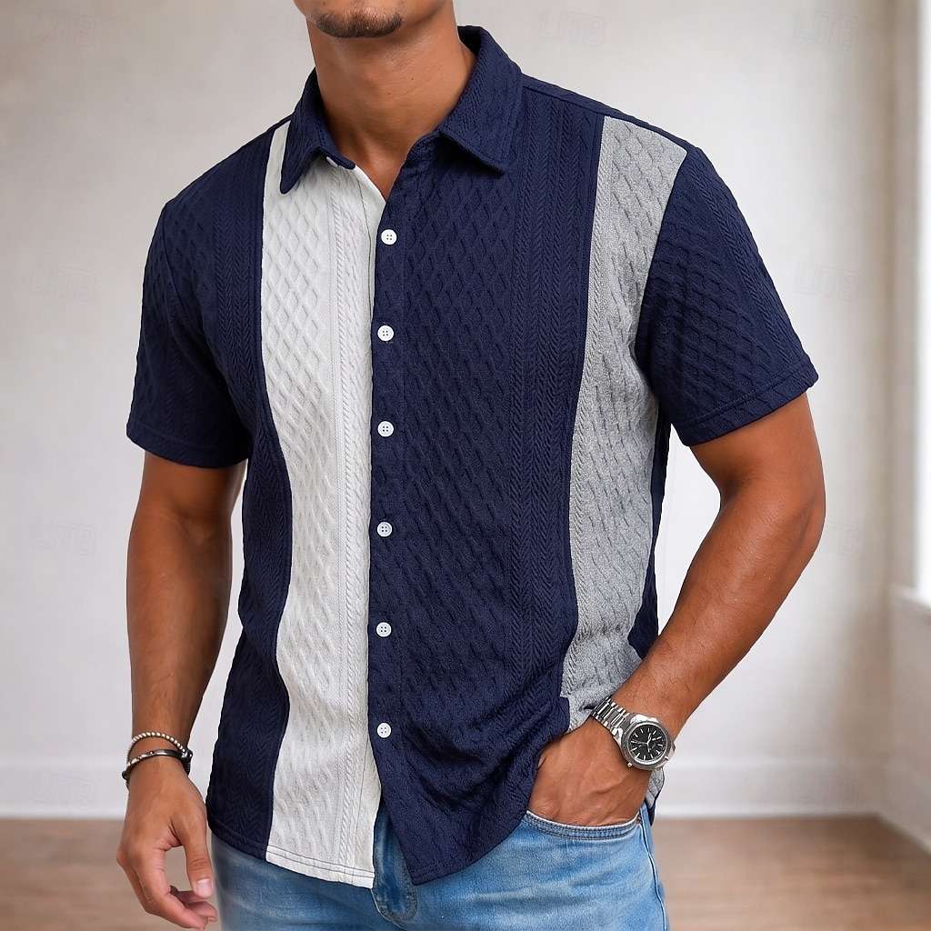 Men's Shirt Casual Shirt Button Up Shirt Jacquard Shirt Blue Pink Navy Blue Apricot Short Sleeve Plain Shirt Collar Casual Daily Patchwork Clothing Apparel Elegant Fashion Casual 2026 - $27.99 –P2
