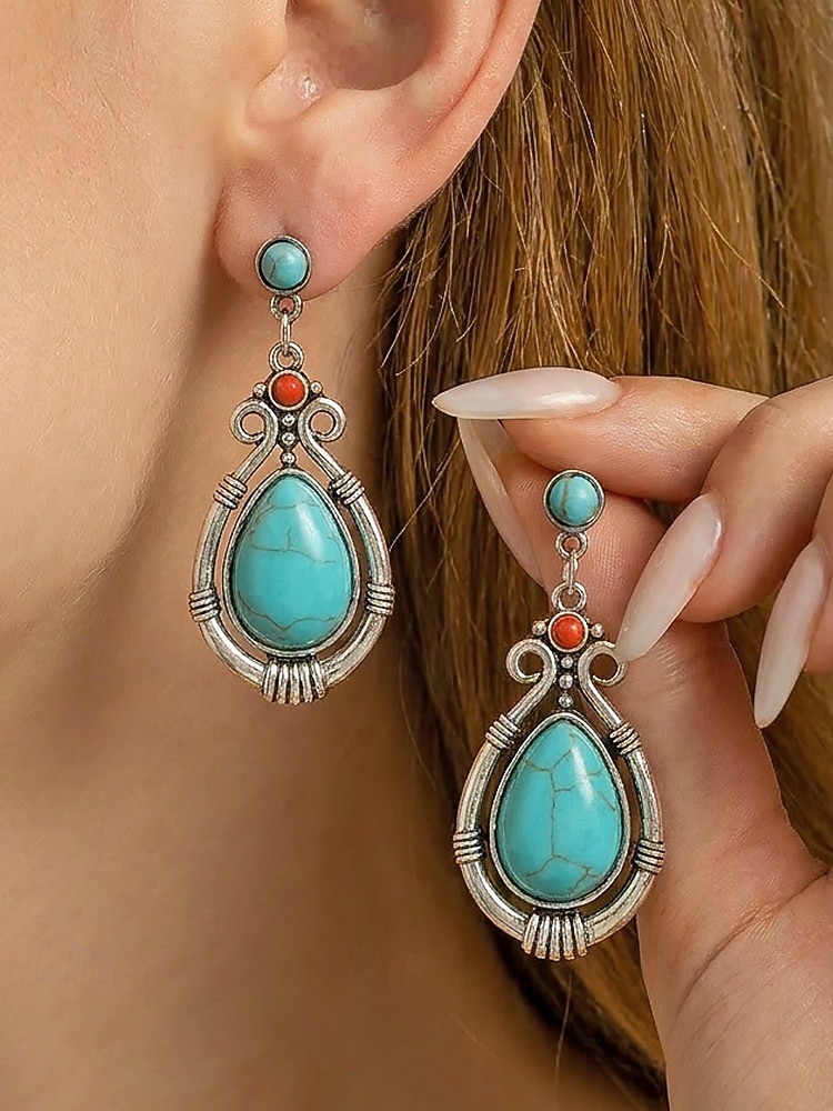 Türkisfarbene Boho-Ohrringe für Damen – Vintage-Ohrhänger aus einer Legierung in Tropfenform mit ethnischen Gravuren, perfekt für den Sommerurlaub am Strand und den Alltag. &Schmuckgeschenk im 2026 - $7.99 –P2