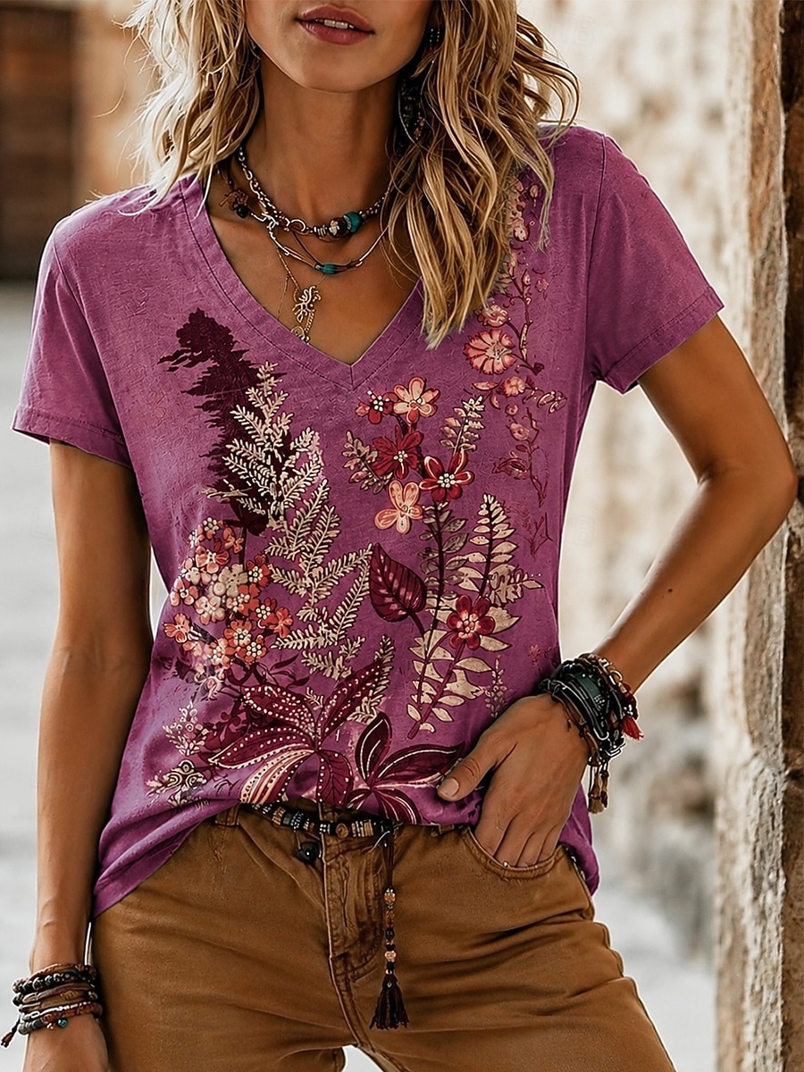 Per donna Maglietta Stampato Floreale Grafico Tribale Elegante Classico Casual Manica Corta Scollo a V Top Regolari Casuale Quotidiano Rosso Estate Primavera del 2026 a $21.99 –P4