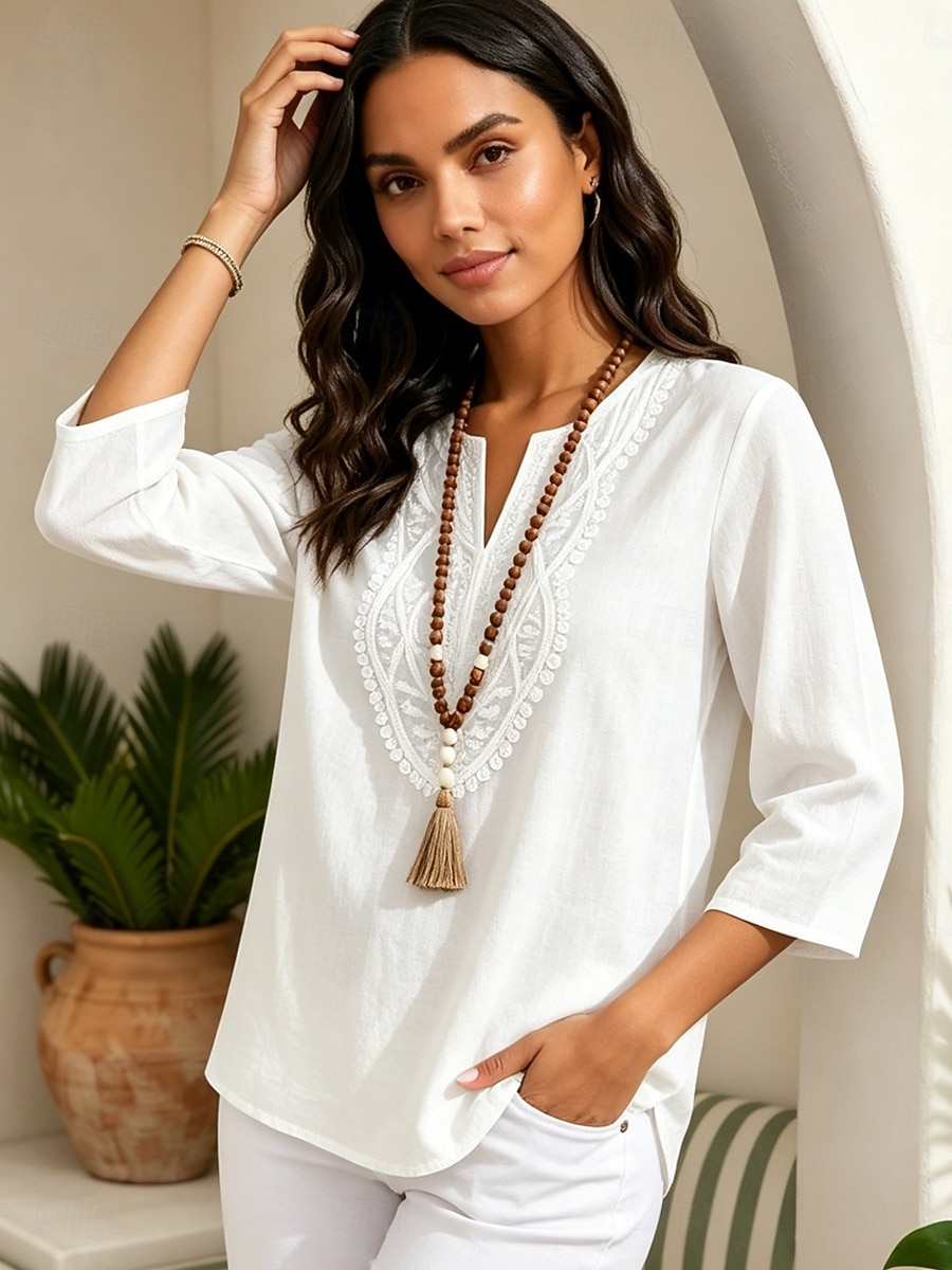 Damen Bluse Spitze Einfarbig Stilvoll Lässig Dreiviertelarm Einkerbiger Ausschnitt Normale Oberteile Lässig Täglich Weiß Sommer Frühling 2026 - $28.99 –P3