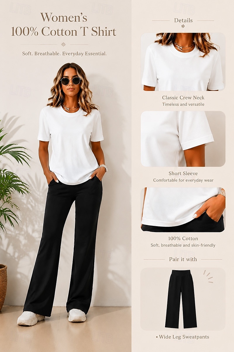 Women's 100% Cotton T Shirt Shirt Tee Top Solid Color Fashion Stylish Basic Short Sleeve Crew Neck Regular Tops Daily Going out Weekend Blue Black White Yellow Light Green Summer Spring 2026 - $19.99 –P1