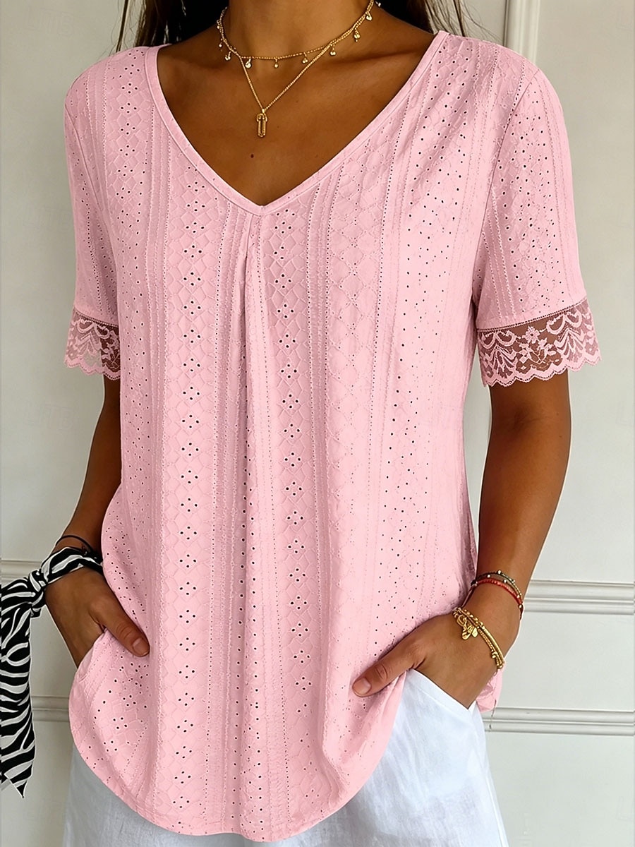 Women's T Shirt Lace Solid Color Vintage Stylish Casual Short Sleeve V Neck Regular Tops Casual Daily Blue White Pink Purple Summer Spring 2026 - $24.99 –P1