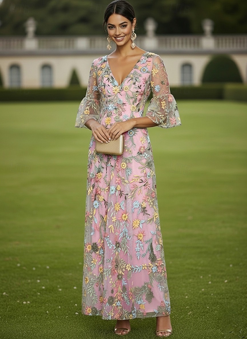 Linea ad A Abito Lunghezza al pavimento Abito in Pizzo Vestito da Festa Abito da Cocktail Abito da cerimonia per signora Mezza Manica Scollo a V Elegante Vintage Lussuoso Formale Ospite di nozze del 2026 a $171.99 –P5