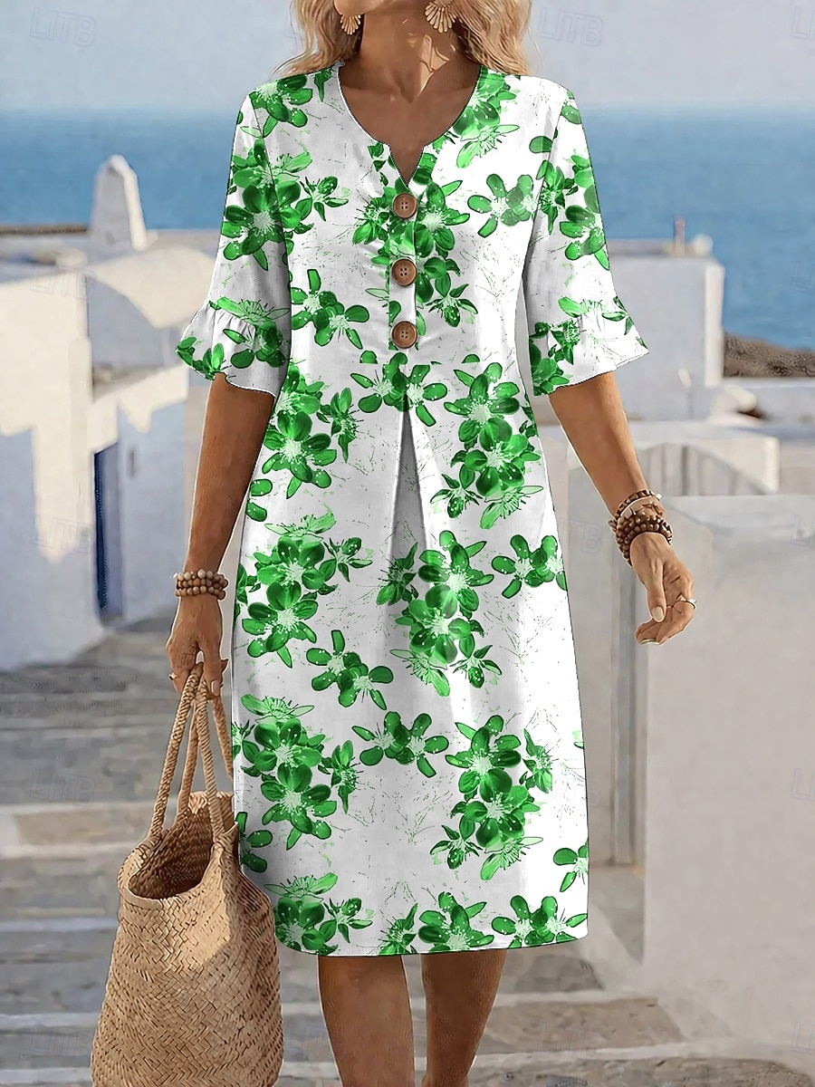 Per donna Abito al ginocchio Vestito Casual Abito a trapezio Elegante Vacanza Spiaggia Ferie Vestibilità regolare Floreale Grafico Manica Corta Scollo a V Blu Blu reale Viola Verde Estate Primavera del 2026 a $44.99 –P3