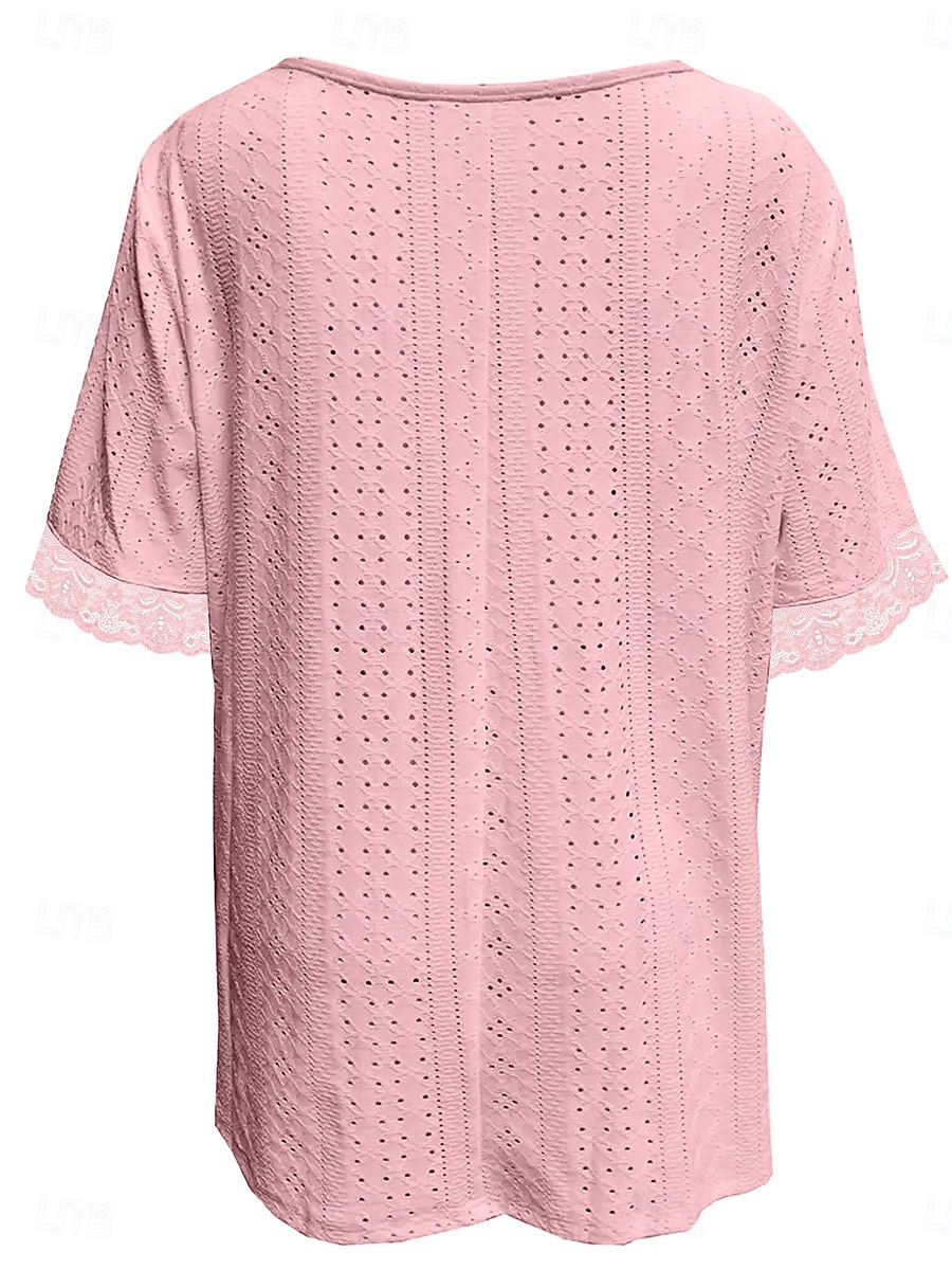 Women's T Shirt Lace Solid Color Vintage Stylish Casual Short Sleeve V Neck Regular Tops Casual Daily Blue White Pink Purple Summer Spring 2026 - $24.99 –P5
