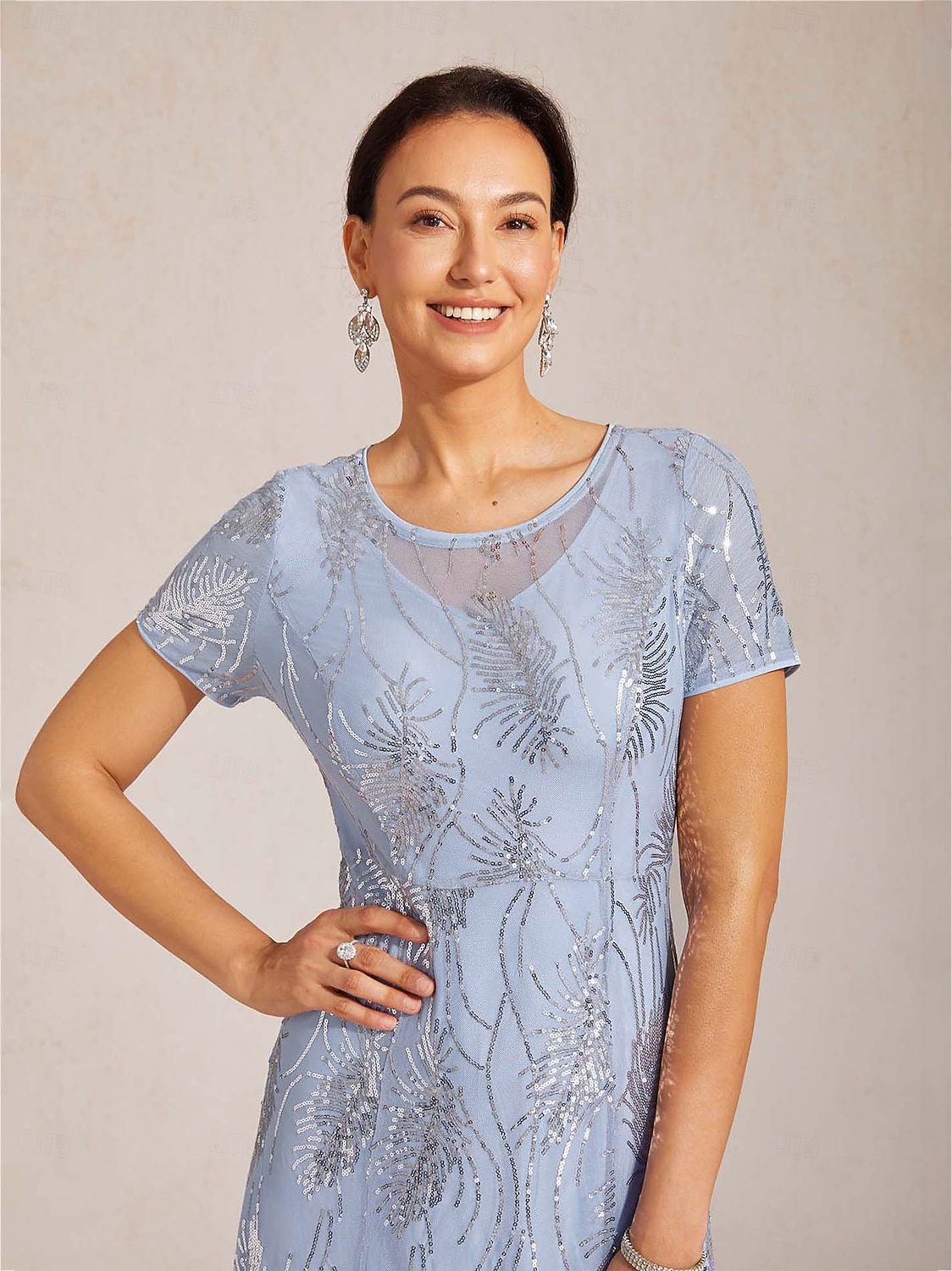 Women's Maxi Dress Sheath Dress Elegant Evening Party Party Cocktail Party Sequins Solid Color Floral Short Sleeve Crew Neck Sky gray 2026 - $169.99 –P3