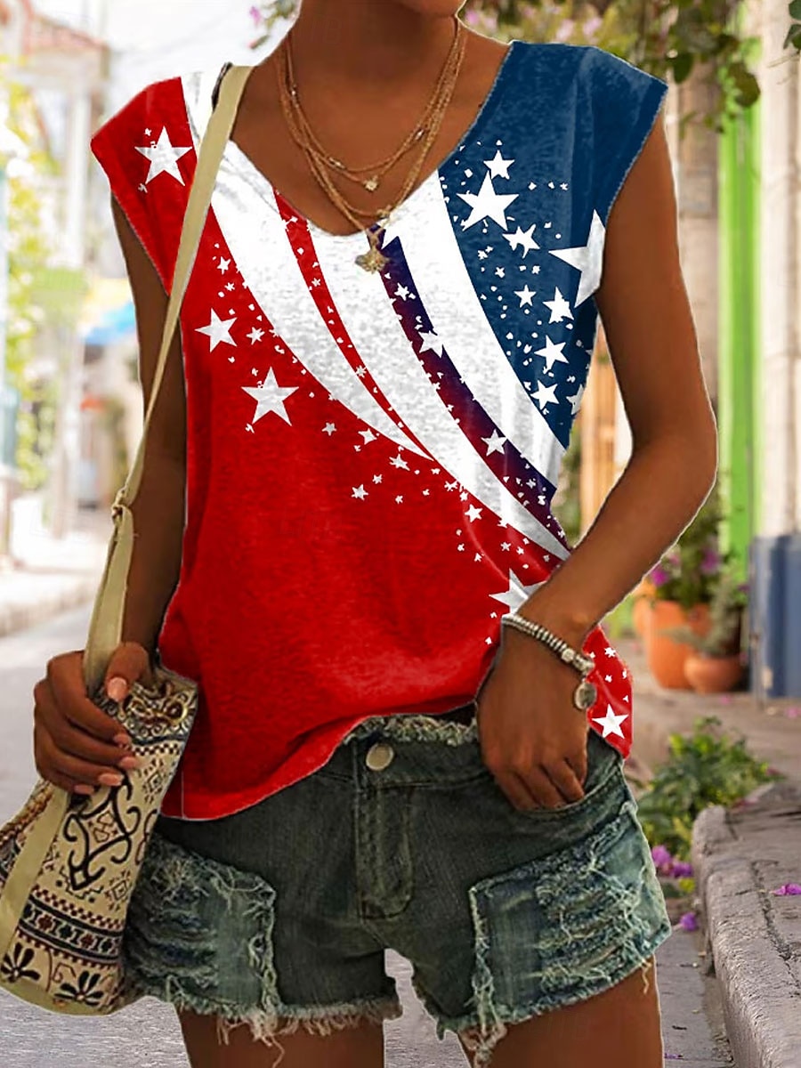 Dia da Independência Americana Mulheres Blusa Imprimir Gráfico Bandeira Vintage Roupa de rua à moda Sem Manga Decote V Tops regulares Casual Diário Vermelho Verão Primavera de 2026 por $19.99 –P1
