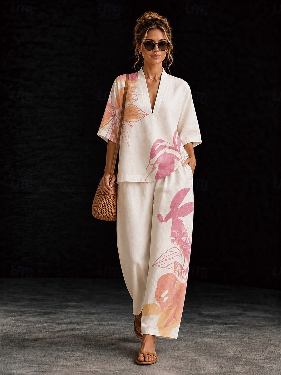Women's Shirt Cotton Linen Sets Pants Sets Short Sleeve V Neck Floral Graphic Geometric Print Vacation Fashion Streetwear Casual Daily Outdoor Yellow Pink Dusty Rose Spring & Summer Loose Fit 2026 - $55.99 –P7