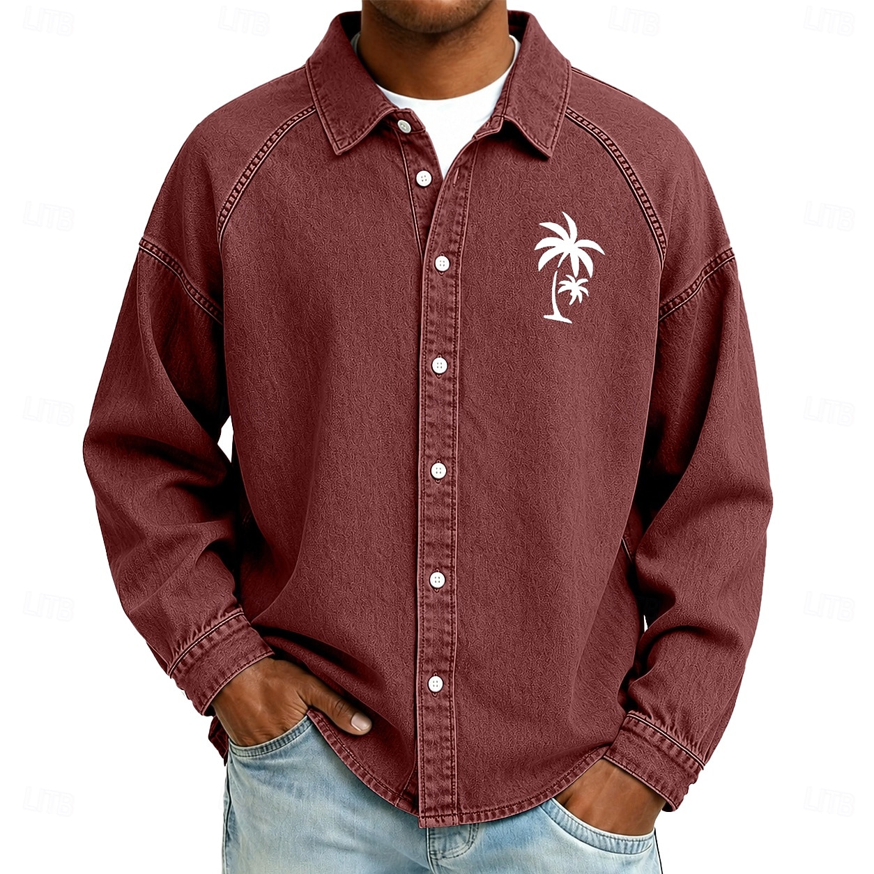 Camisa masculina Softfade™, camisa casual, lavagem ácida, tingida em preto, bordô, verde, azul claro, manga comprida, lisa, gola, casual, para uso diário, bolso frontal, vestuário, elegante, moda de 2026 por $31.99 –P1