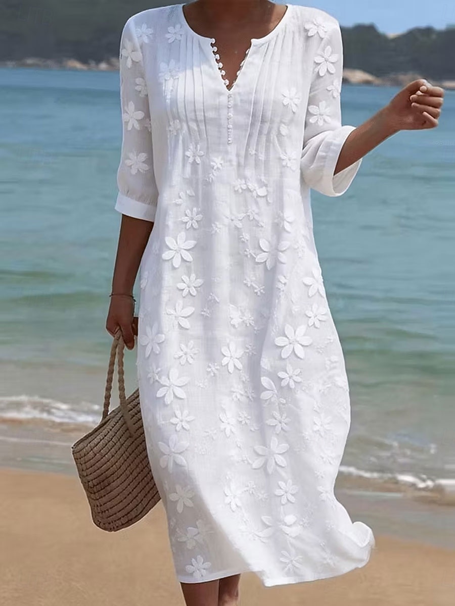 Damen Midikleid Spitzenkleid Freizeitkleid Lässig Strand Lässiger Schnitt Einfarbig Halbarm V Ausschnitt Weiß Sommer Frühling 2026 - $37.99 –P5