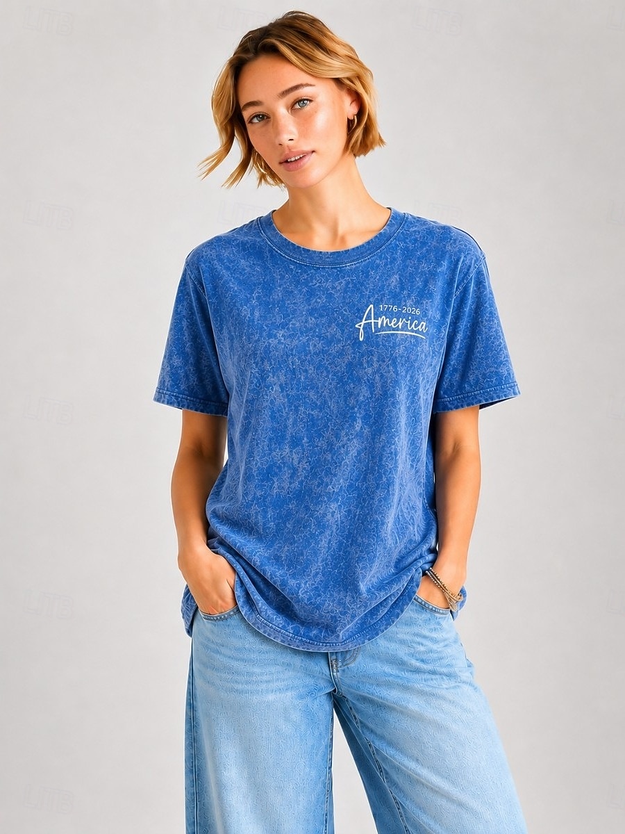 Amerikansk uavhengighetsdag Dame Vasket bomull 100% قطن Broderi Elegant Årgang Kortermet Crew-hals Rund hals Vanlige topper Avslappet Daglig Blå Sommer Vår Høst Vinter 2026 - $33.99 –P2