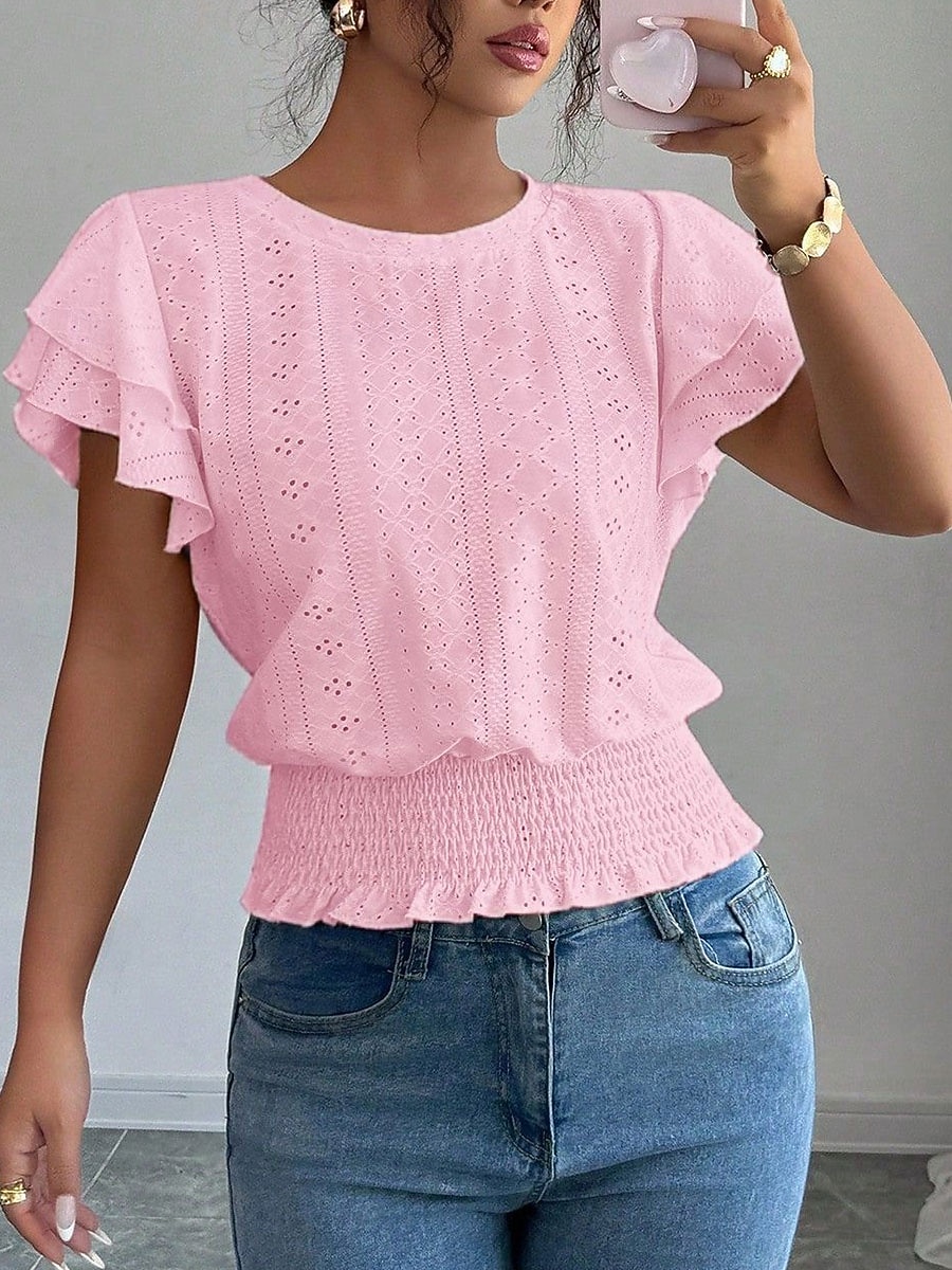 Per donna Camicia traforata Top traforato Camicia con volant Traforato Tinta unica Vintage Elegante Senza Maniche Top Regolari Casuale Bianco Rosa Azzurro Estate Primavera del 2026 a $18.49 –P7