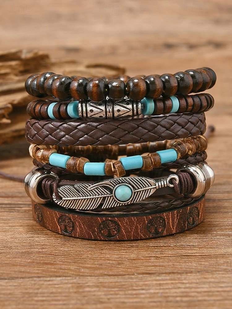 6-teiliges Boho-Armbandset für Herren aus Leder – Vintage-Holzperlen &Armbänder mit Federanhänger aus Silberlegierung, stapelbar, für sommerlichen Strandurlaub und lässige Alltagskleidung 2026 - E£578.65 –P3