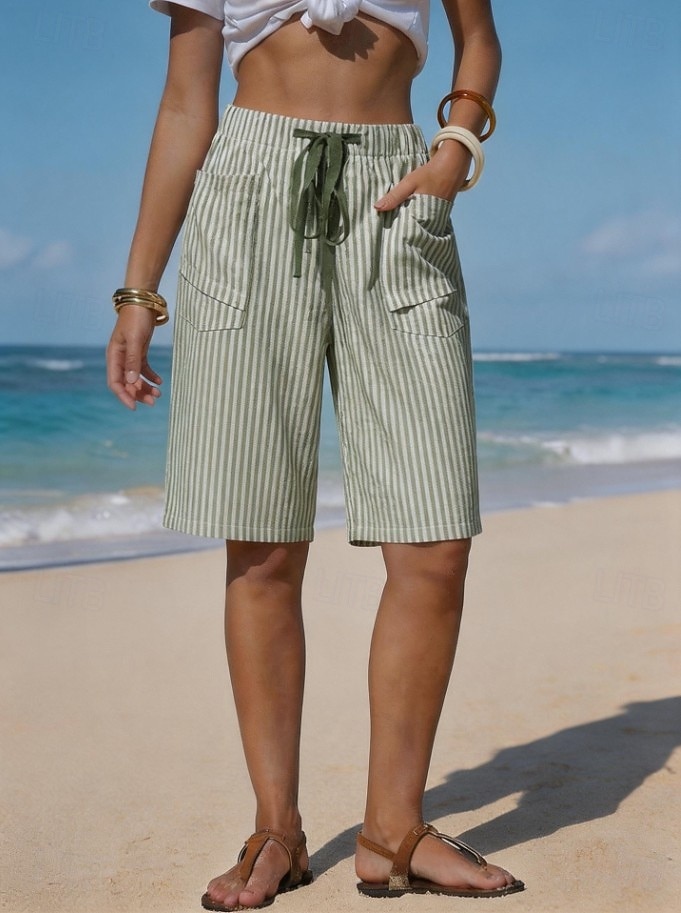 Mulheres chinês Calção Shorts de verão Básico Comprimento do joelho Cintura Alta Listrado Bolsos Cintura elástica Listrado Confortável Conforto Macio Sem Elasticidade Ao ar livre Férias Formal Azul de 2026 por $24.99 –P4