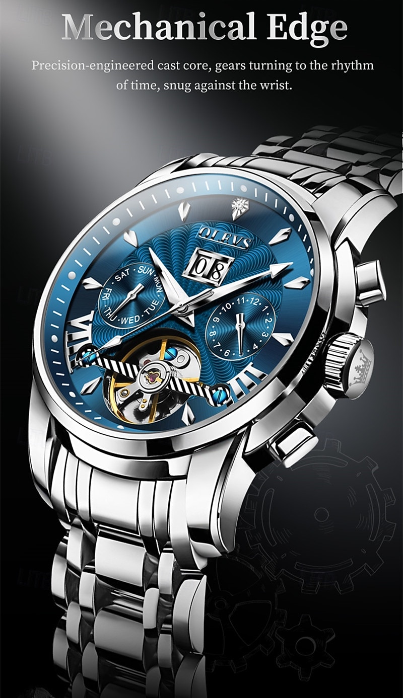 Men's Luxury Automatic Mechanical Watch, Two Tone Stainless Steel, Blue Dial Skeleton Tourbillon Style, Self-Winding Business Wristwatch with Big Date Day 24H Waterproof Luminous Gift for Him 2026 - $96.99 –P4