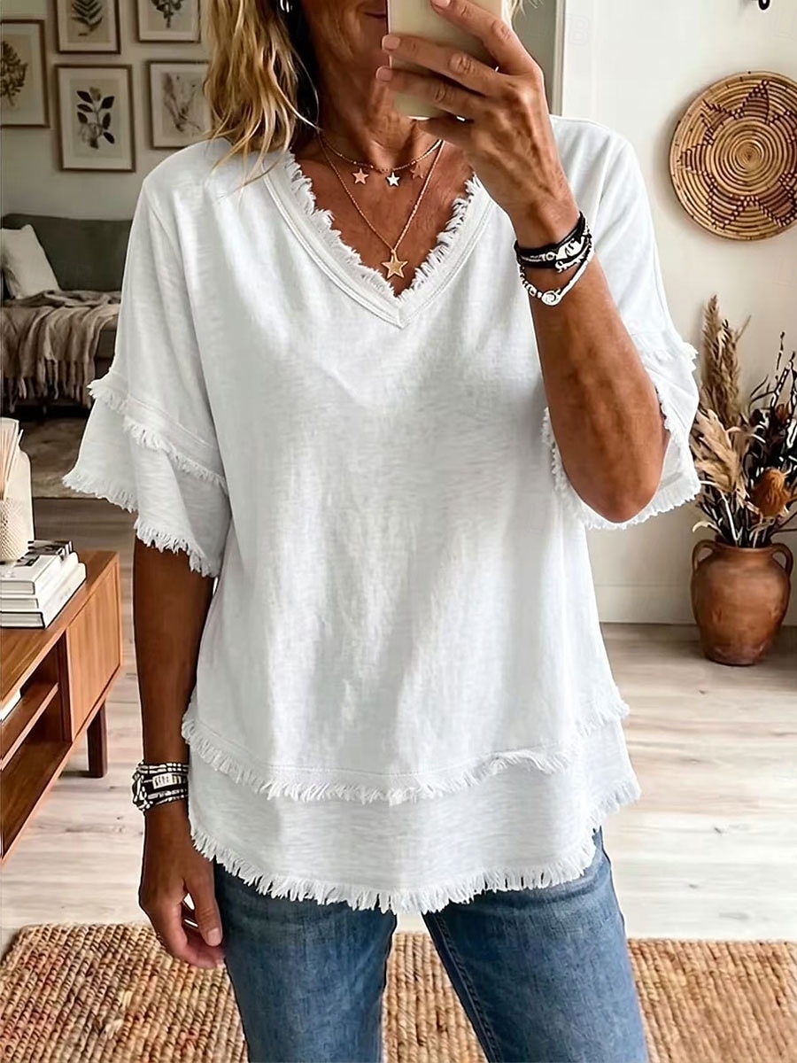 Dame Bluse Helfarge Årgang Stilfull Grunnleggende Kortermet V-hals Vanlige topper Avslappet Daglig Blå Svart Hvit Gul Rosa Sommer Vår 2026 - $27.99 –P1