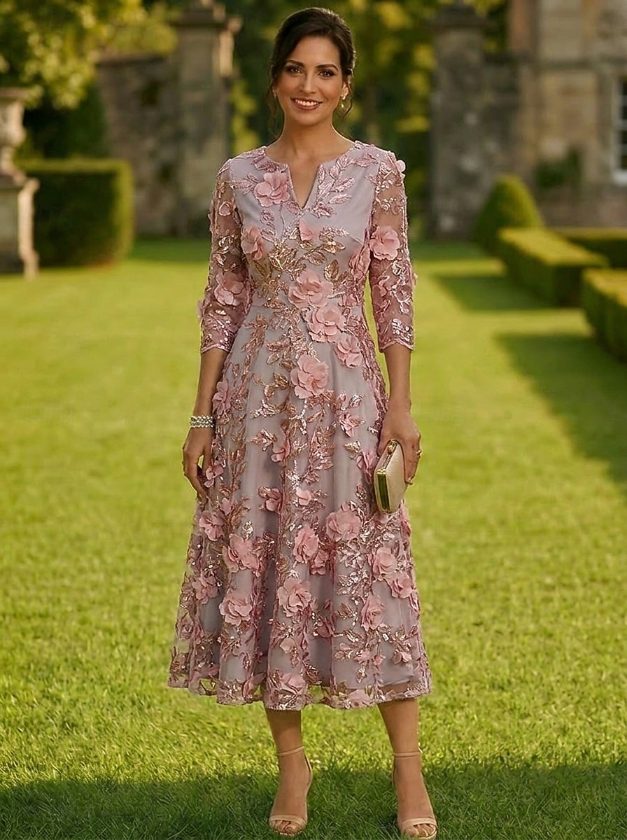 Linha A Longuette Vestido de renda Vestido Para Mãe dos Noivos Manga Longa Decote V Elegante Vintage Formal Convidado do casamento Festa de Casamento Cetim Renda com Flores 3D Lantejoulas Bordado de 2026 por $171.99 –P5