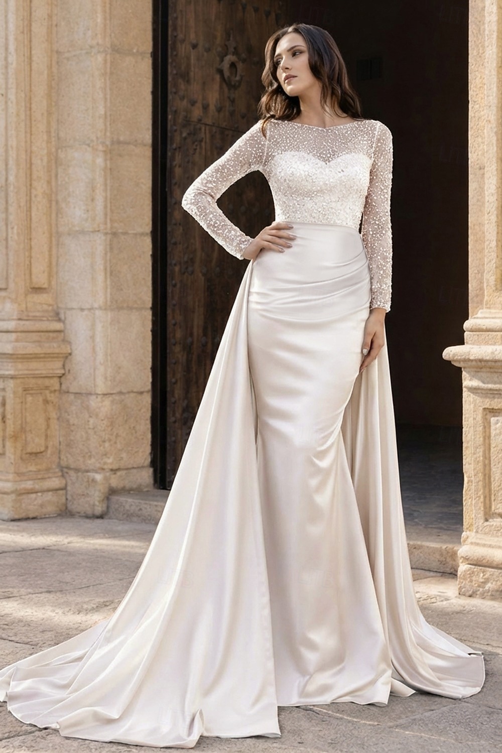Sirena Tromba Lunghezza al pavimento Abito da Sera Elegante Brillare & Splendere Manica Lunga Scollo Illusione Carnevale Mascherata Abito Champagne per la Madre della Sposa Raso Con Paillettes con del 2026 a $183.99 –P22