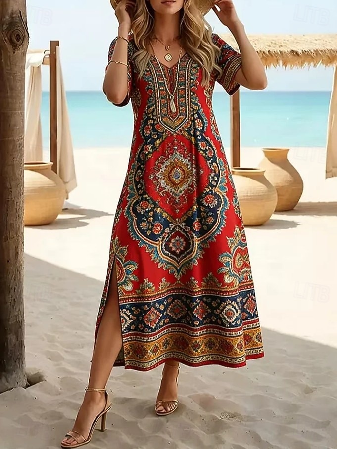 Women's Midi Dress Shift Dress Sundress T Shirt Dress Tee Dress Summer Dress Vacation Casual Boho Beach Party Holiday Regular Fit Graphic Paisley Short Sleeve V Neck Red Summer Spring 2026 - $25.99 –P1