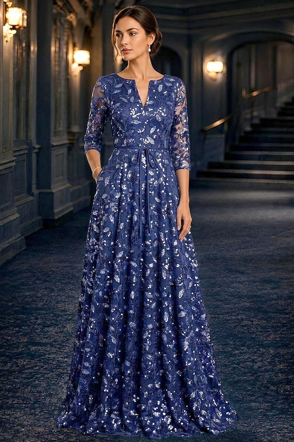 A-Linie Kleid Bodenlang Partykleid Cocktailkleid Brautmutterkleid Langarm V Ausschnitt Elegant Vintage luxuriös Formell Hochzeitsgast Kentucky Derby Chiffon Tüll mit Paillette Stickerei Blume 2026 - $182.99 –P5