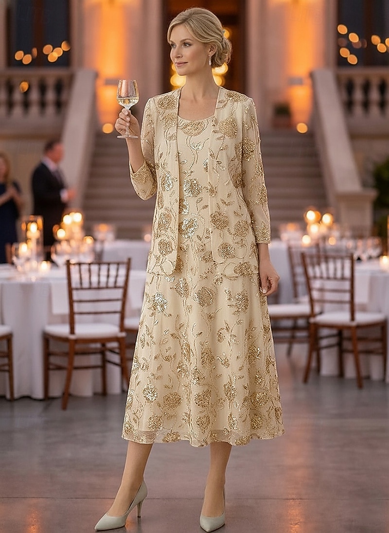 Zweiteilig A-Linie Knöchellänge Tee-Länge Kleid für Hochzeitsgäste Brautmutterkleid Ärmellos Langarm Rundausschnitt Elegant luxuriös Glanz & Glamour Formell Hochzeitsgast Chiffon Paillettenbesetzt mit 2026 - $182.99 –P1